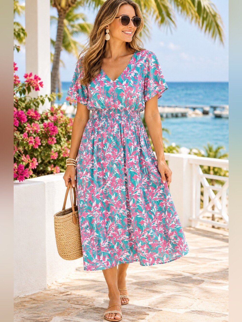 Stella Parker Size Large Short Sleeve Pink Green Tropical Floral Midi Dress